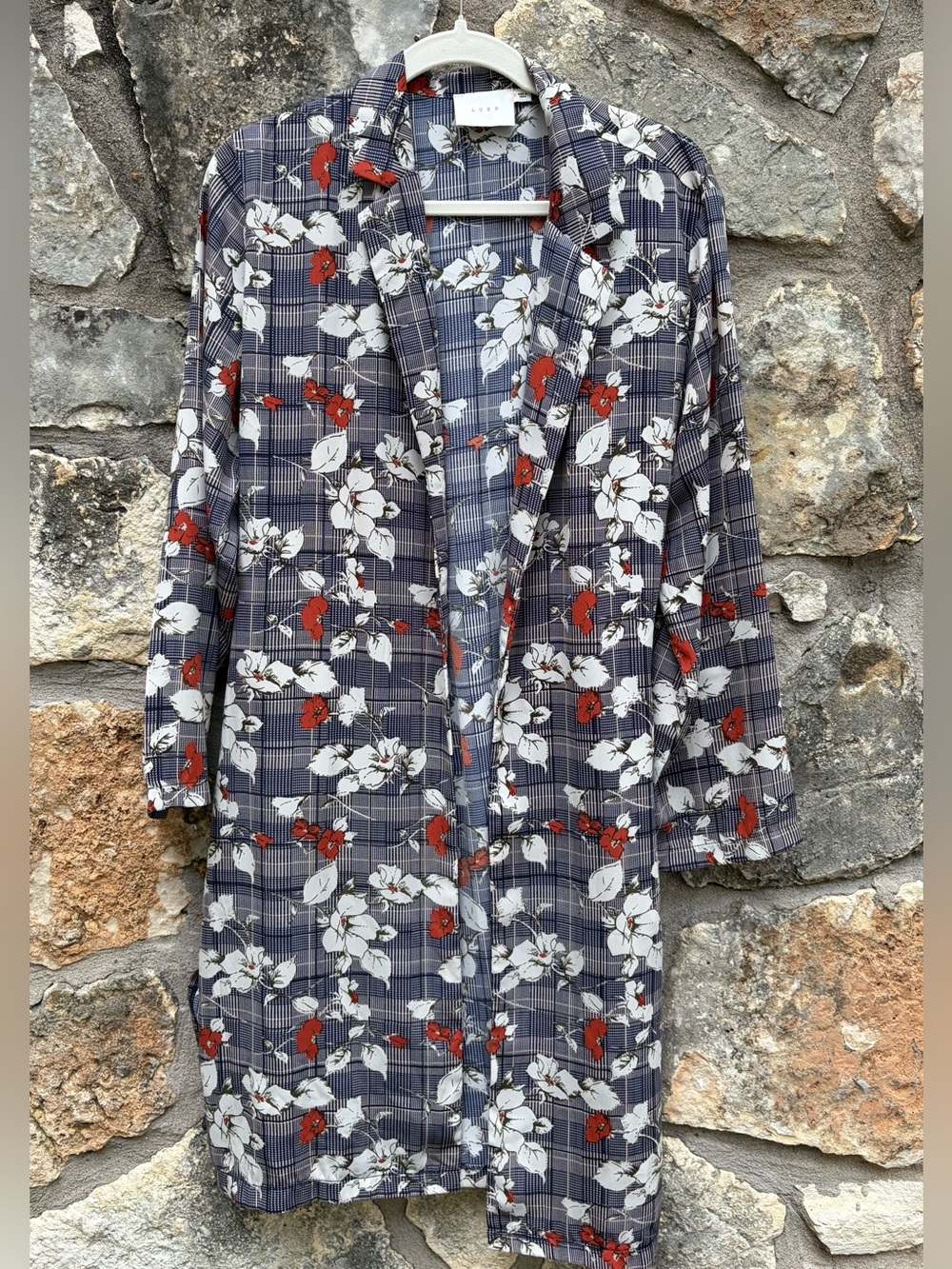 LUSH fabulous check/plaid floral belted light coat duster dress sz SMALL nice